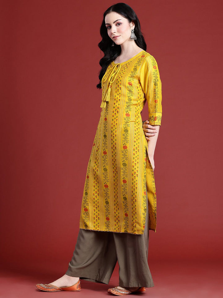 Anouk Floral Printed Tie-Up Neck Calf-Length Straight Kurta