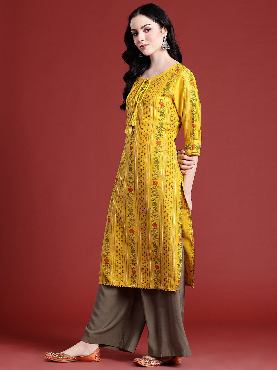 Anouk Floral Printed Tie-Up Neck Calf-Length Straight Kurta