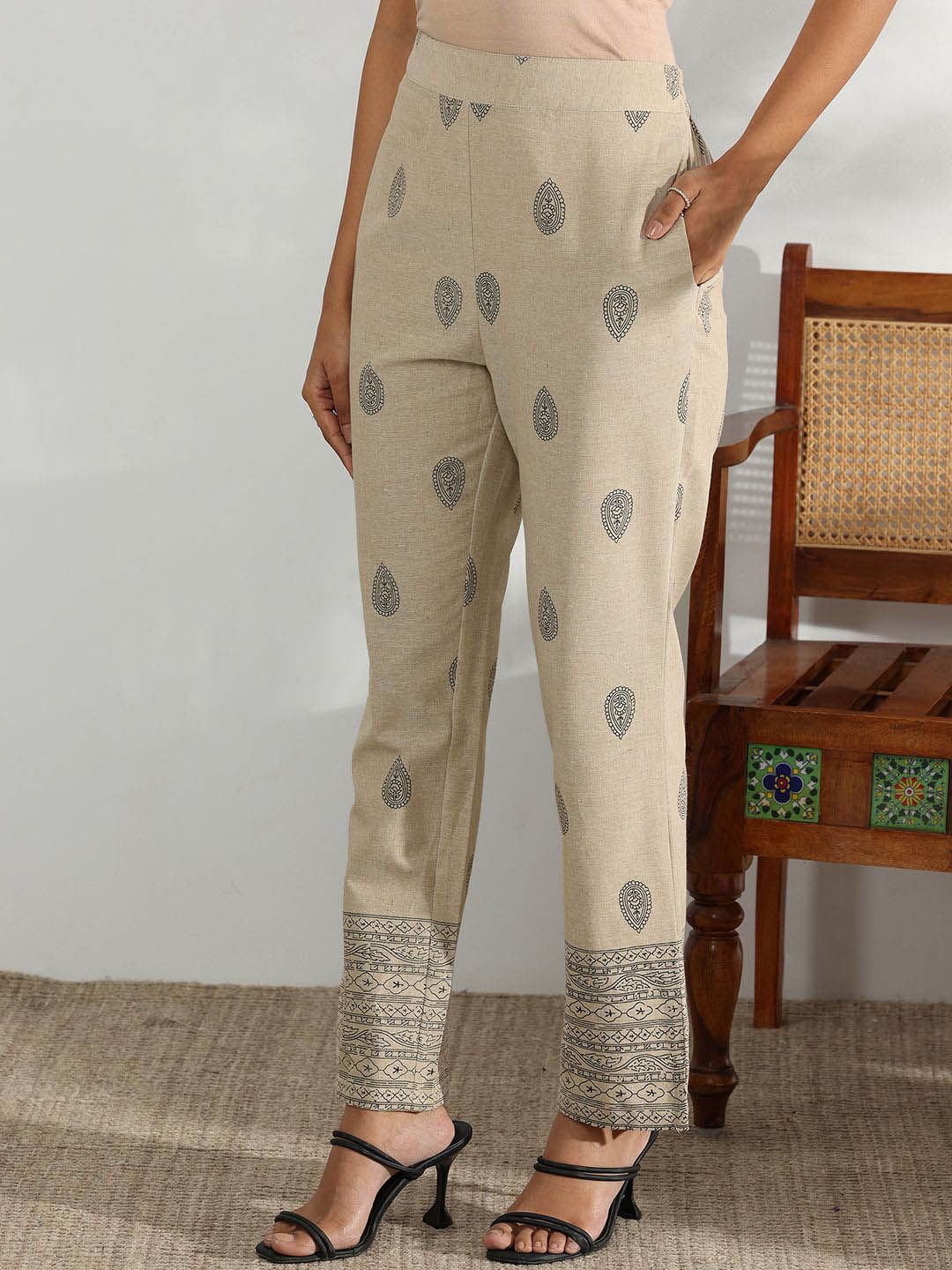 Libas Beige and Black Ethnic Motifs Printed Pleated Sequinned A-Line Kurta with Trousers