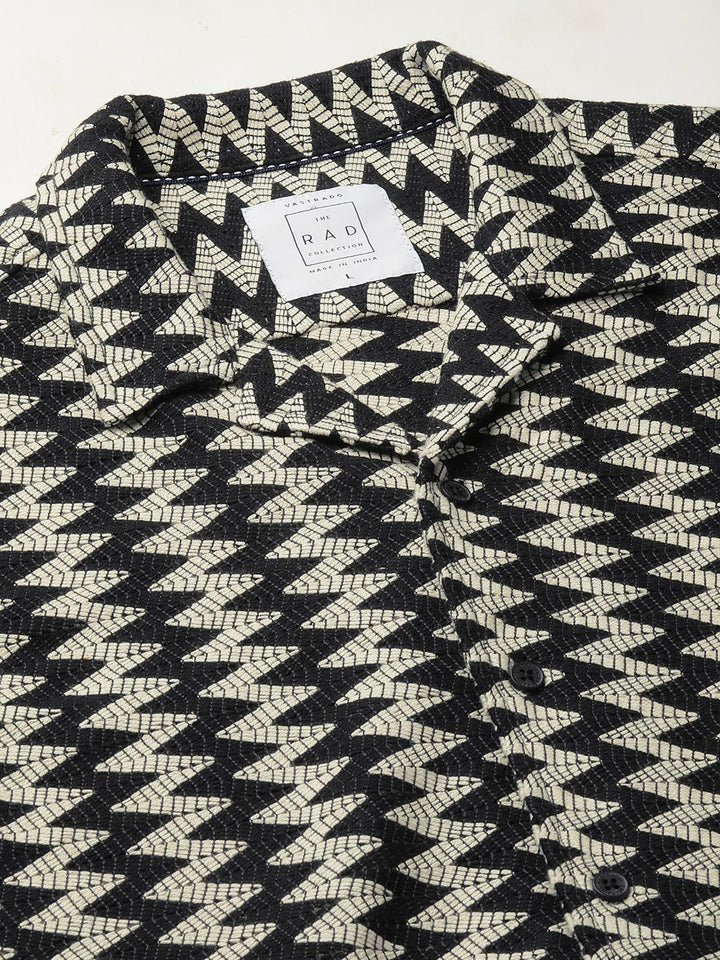 VASTRADO Men Classic Cuban Collar Chevron Printed Cotton Oversized Casual Shirt