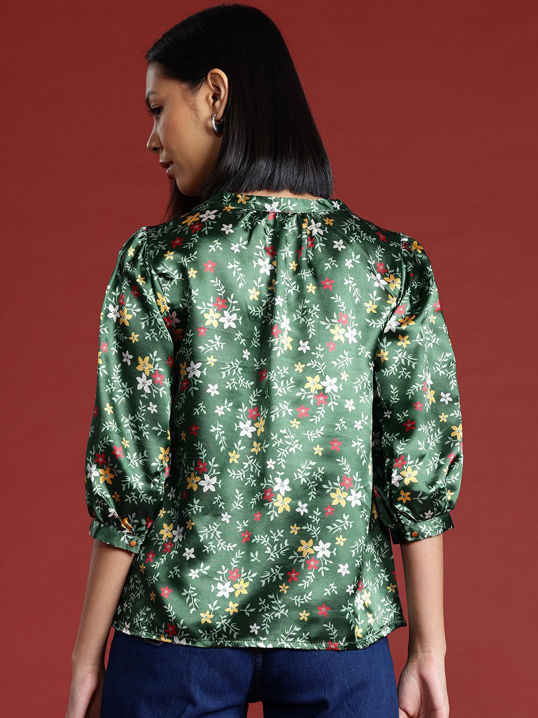 all about you Floral Print Satin Finish Mandarin Collar Puff Sleeve Top