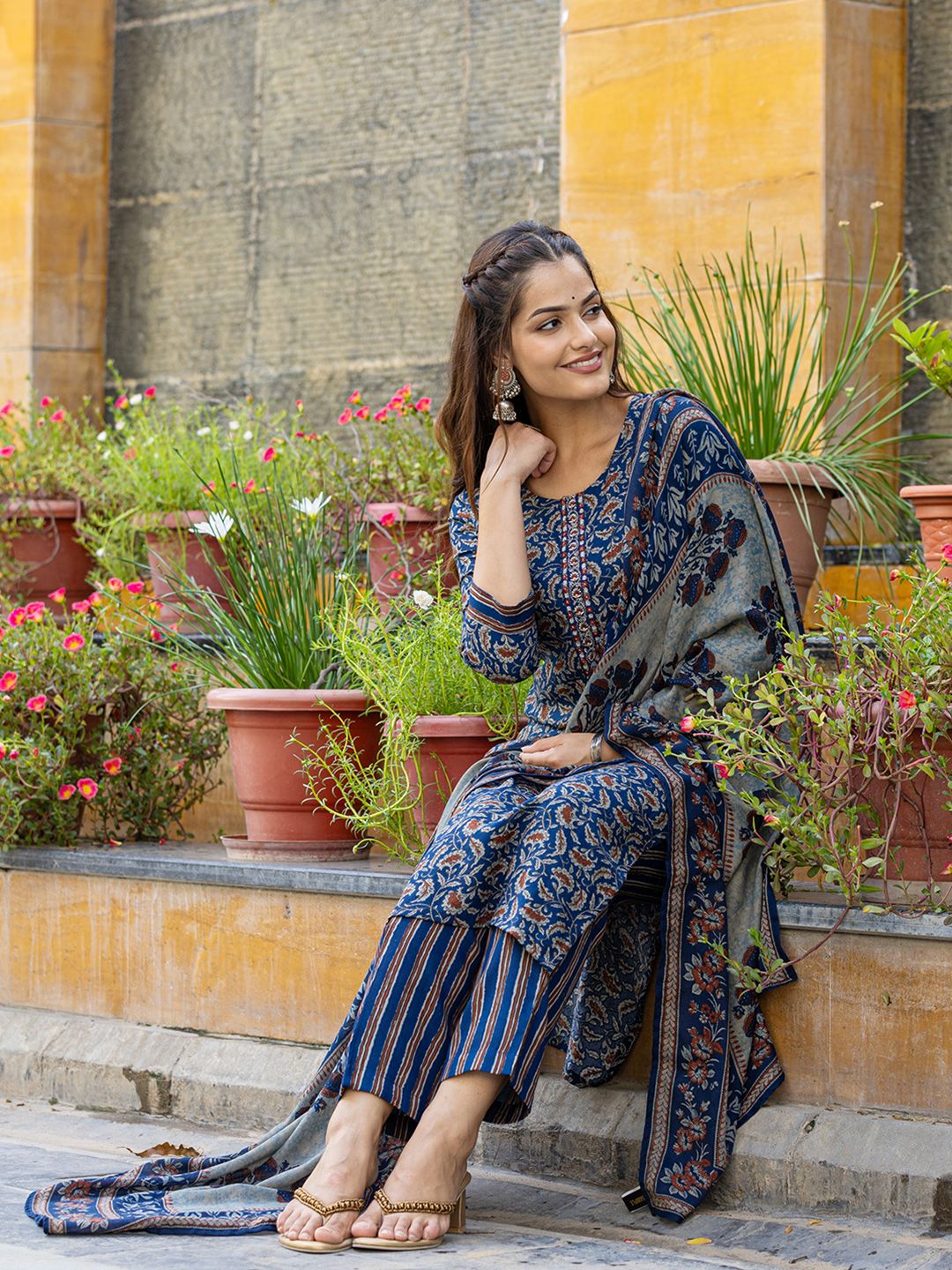 KALINI Floral Printed Thread Work Straight Kurta With Trousers & Dupatta