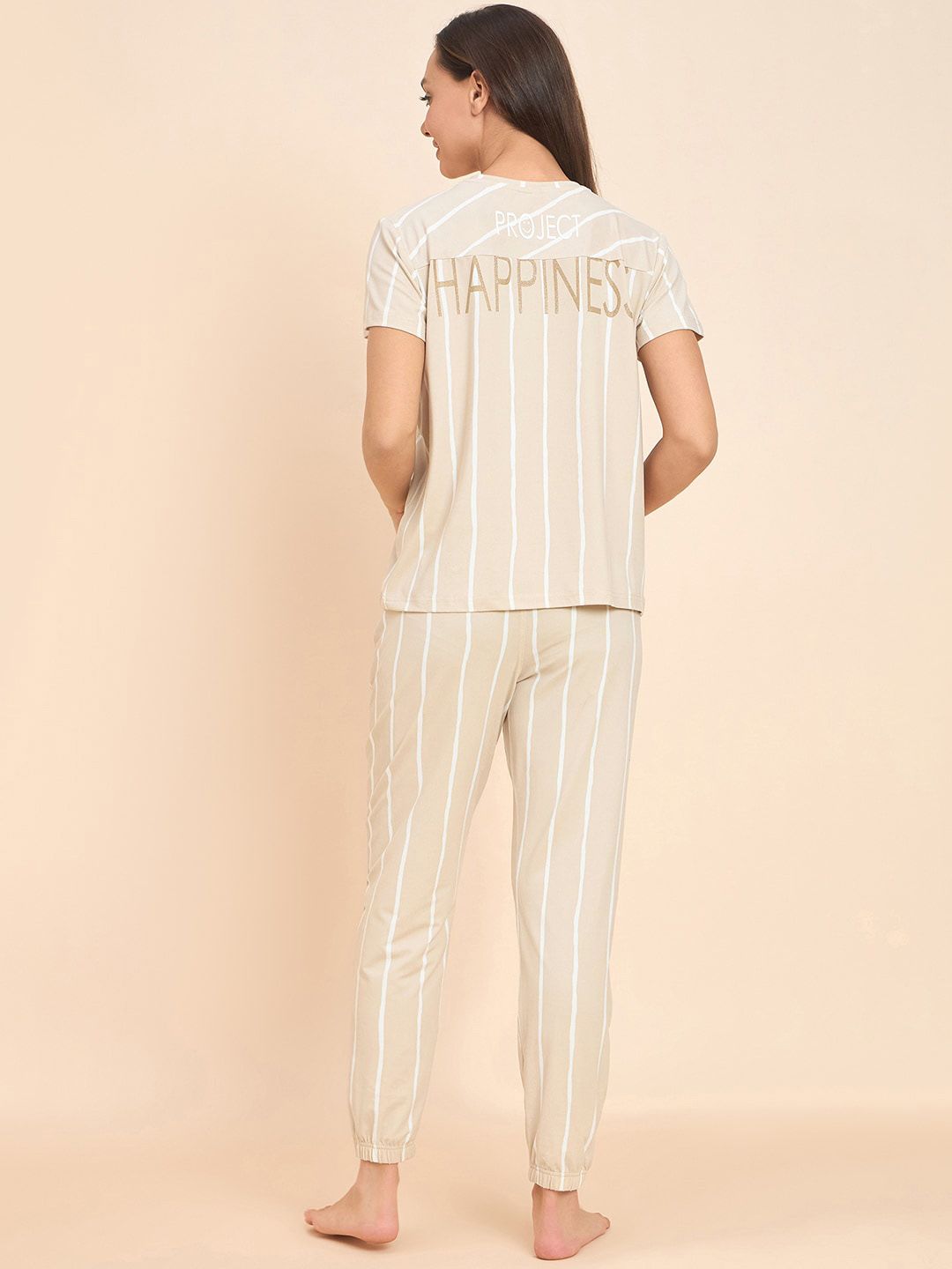 Sweet Dreams Beige Striped T-shirt With Pyjamas