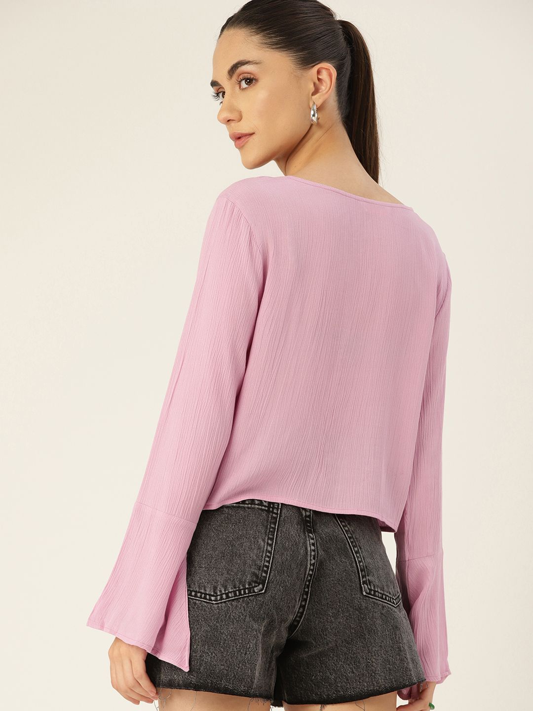 DressBerry Lavender Self Design Lace Inserts Flared Sleeves Top