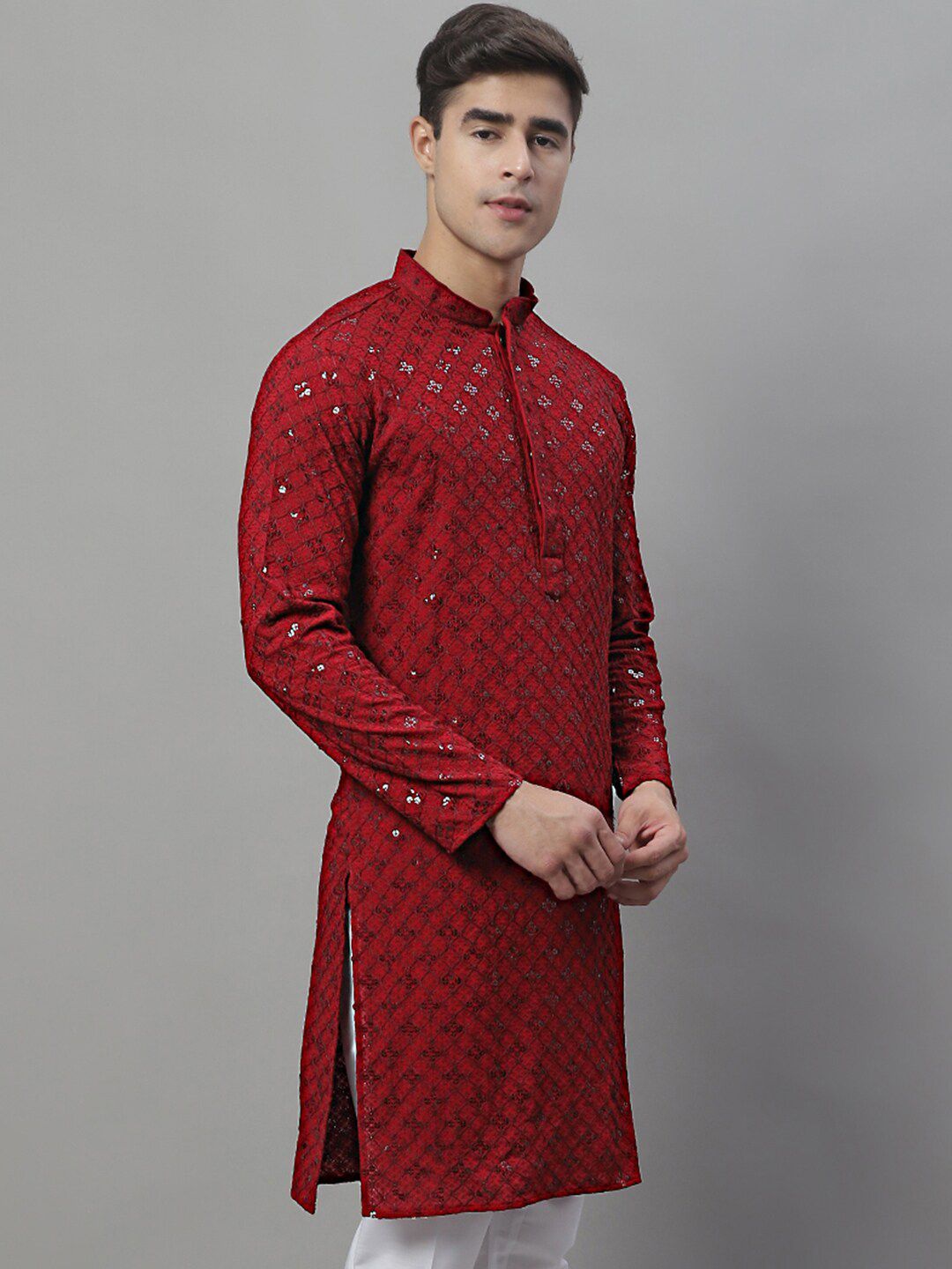 Jompers Mandarin Collar Ethnic Motifs Embroidered Chikankari Kurta