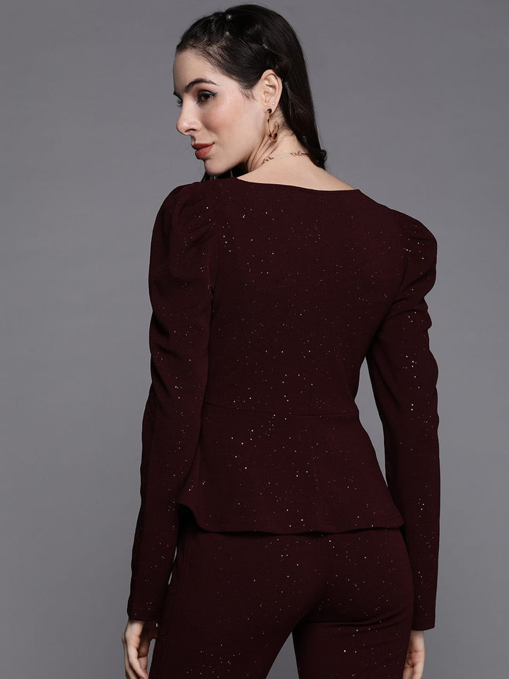 SASSAFRAS Burgundy Solid Shimmer Puff Sleeves Peplum Top