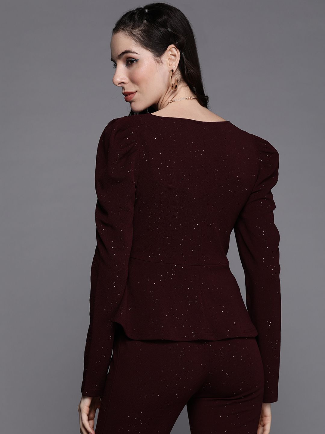 SASSAFRAS Burgundy Solid Shimmer Puff Sleeves Peplum Top