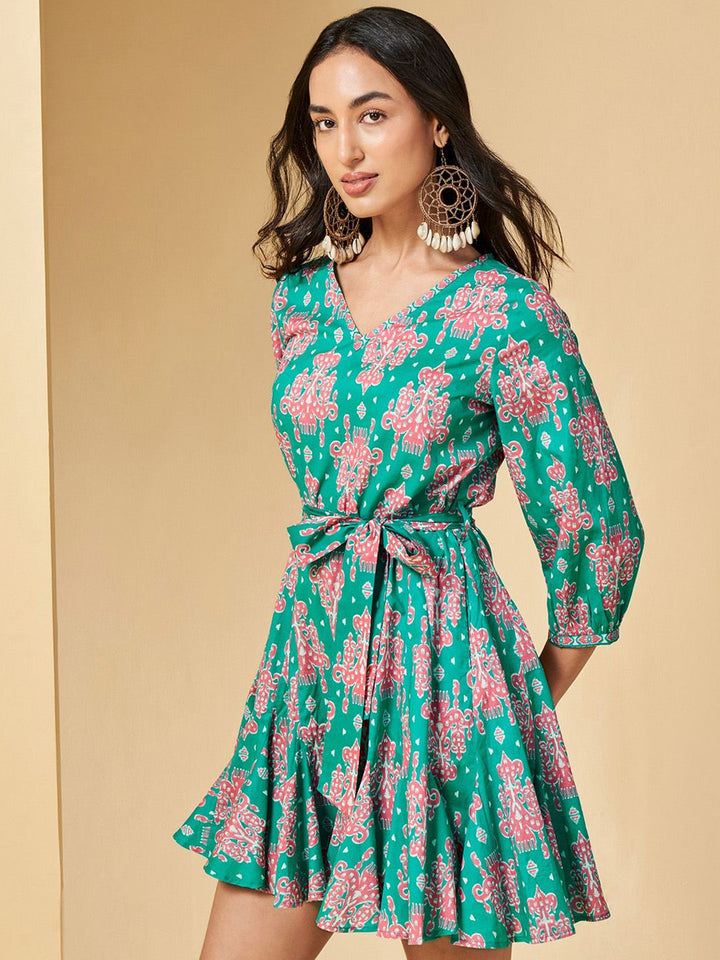 Global Desi Ethnic Motifs Printed Cuffed Sleeves Gathered Cotton Fit & Flare Dress