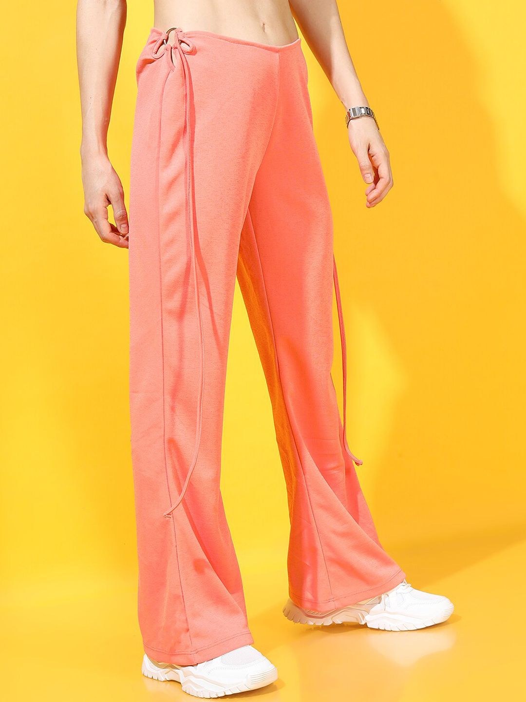 Tokyo Talkies Women Coral Solid Regular Flared Trousers