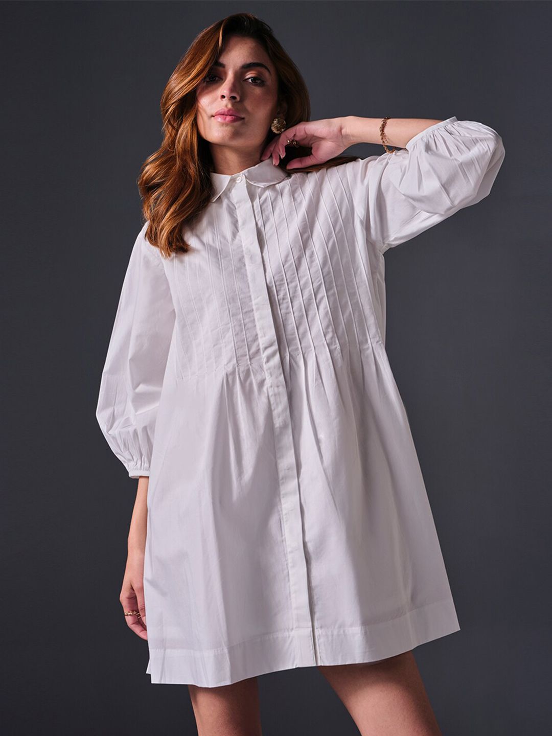 AND Self Design Cuffed Sleeves Cotton Shirt Dress