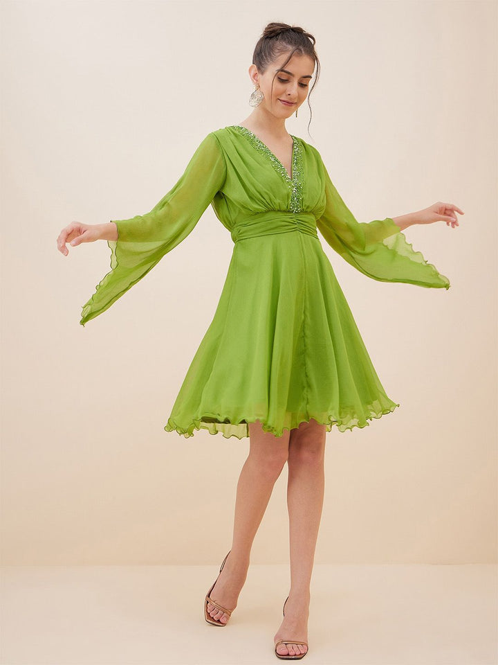 Antheaa Embelllished V-Neck Flared Sleeves Fit & Flare Dress