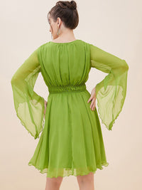 Antheaa Embelllished V-Neck Flared Sleeves Fit & Flare Dress