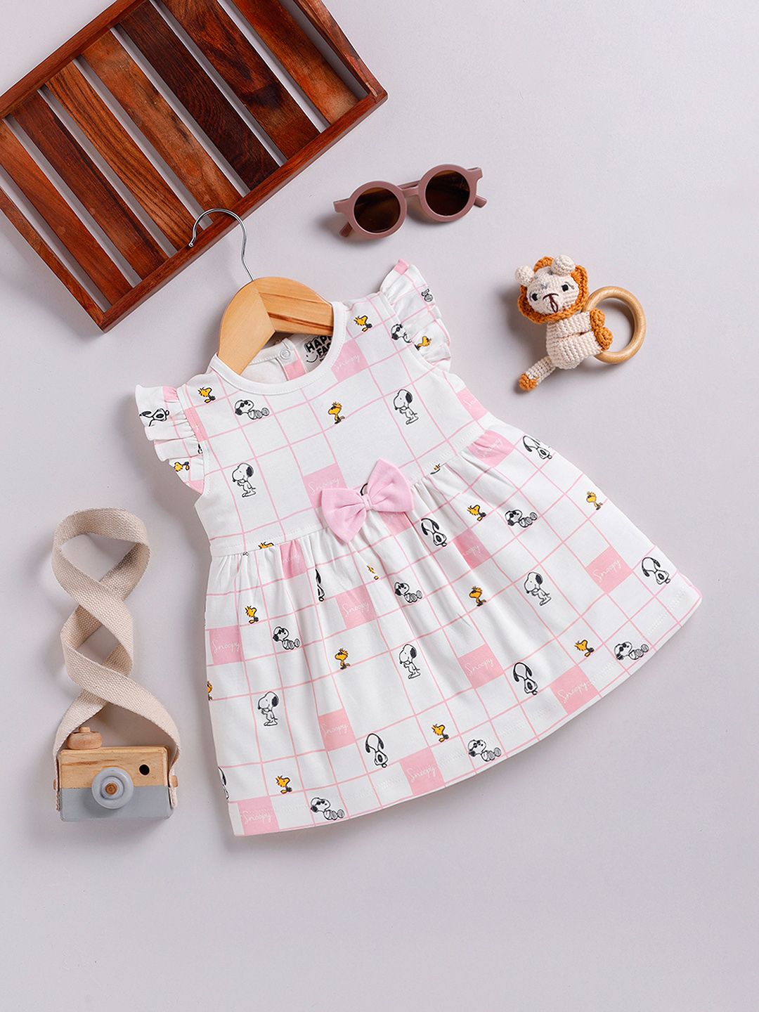 Happy Faces Girls Cotton Printed Flutter Sleeve Fit & Flare Dress