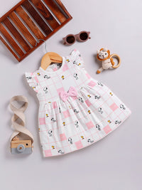 Happy Faces Girls Cotton Printed Flutter Sleeve Fit & Flare Dress