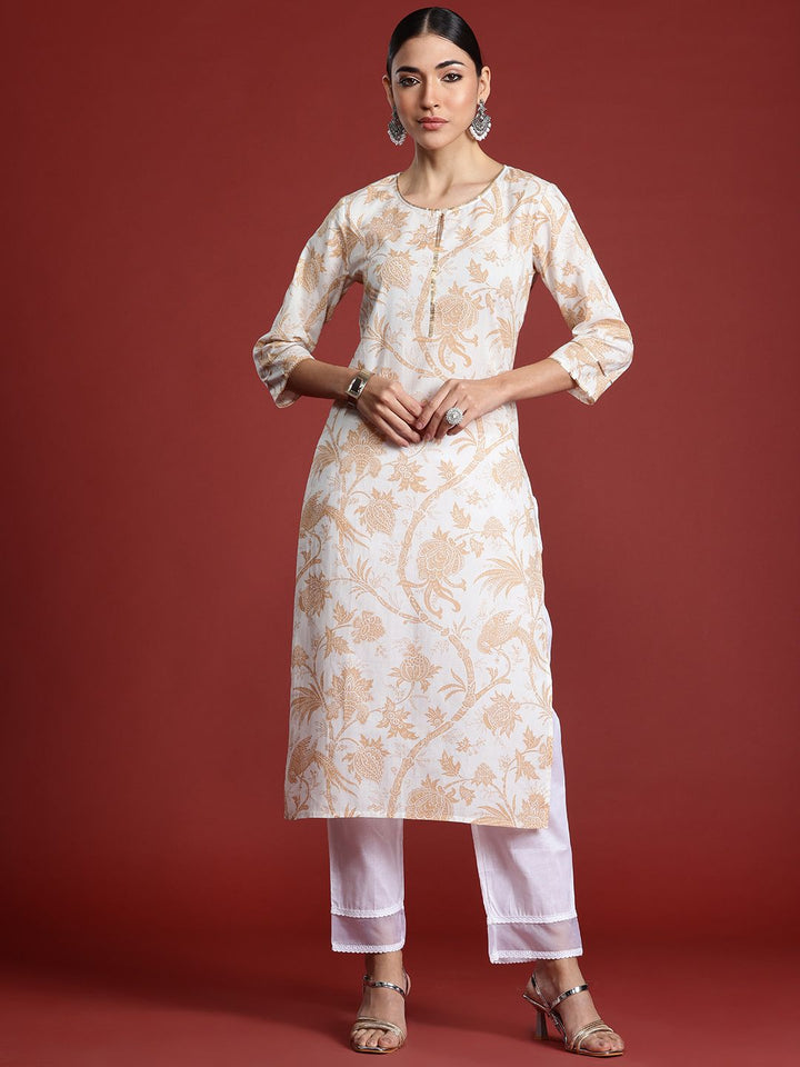 Indo Era Women Floral Printed Keyhole Neck Pure Cotton Kurta