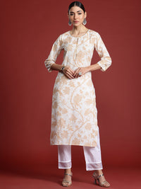 Indo Era Women Floral Printed Keyhole Neck Pure Cotton Kurta