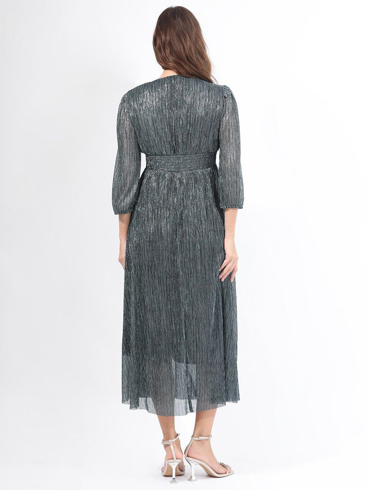 RAREISM Self Design Cuffed Sleeves Fit & Flare Midi Dress