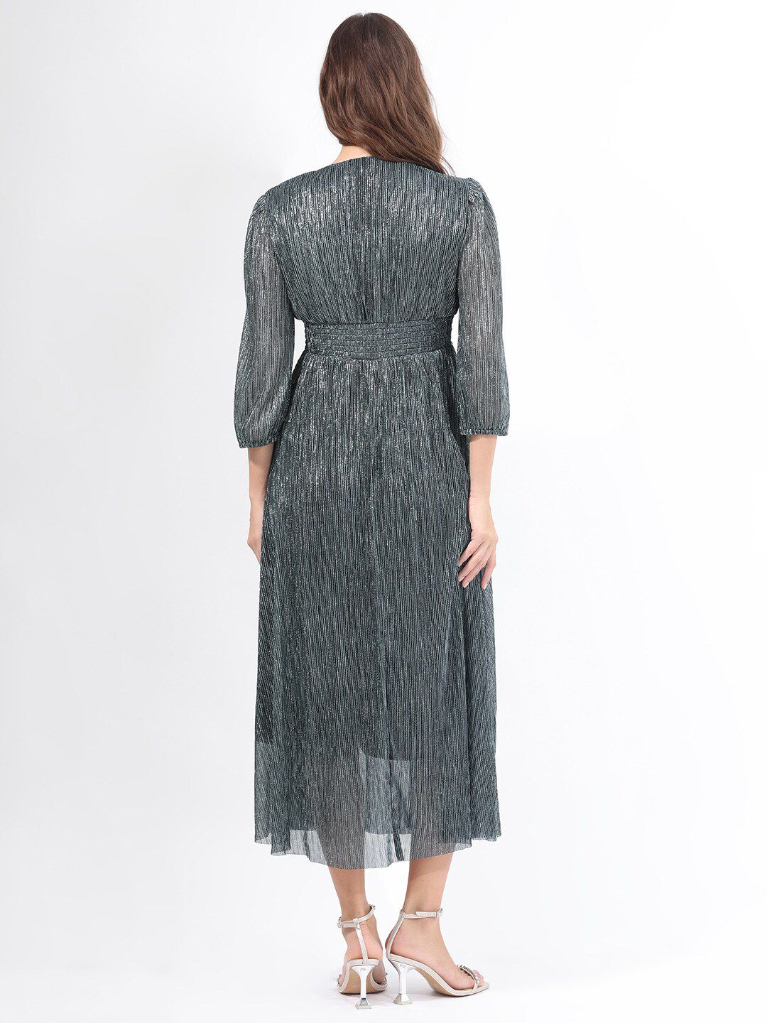 RAREISM Self Design Cuffed Sleeves Fit & Flare Midi Dress