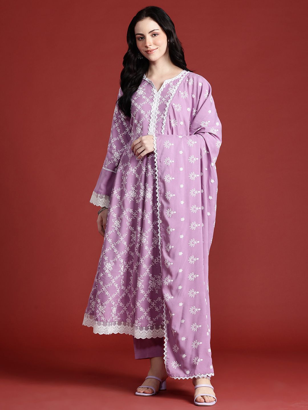 Anouk Floral Print Kurta with Trousers & Dupatta