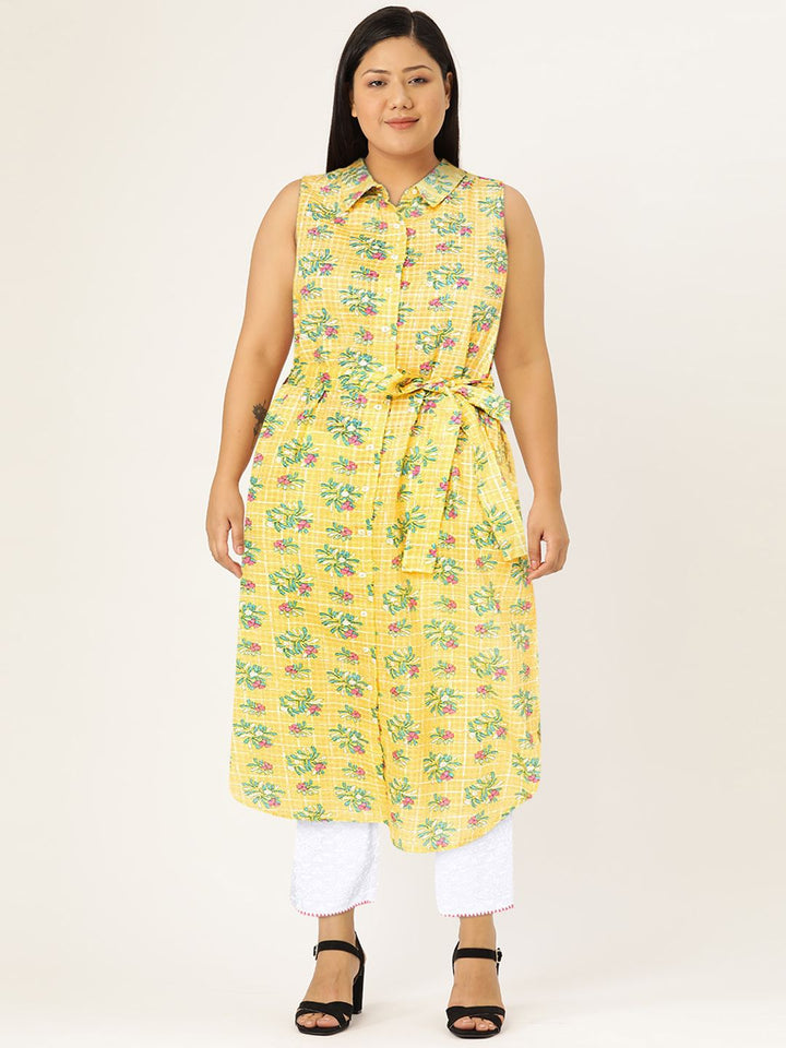 Global Desi Women Yellow & Green Printed Straight Kurta