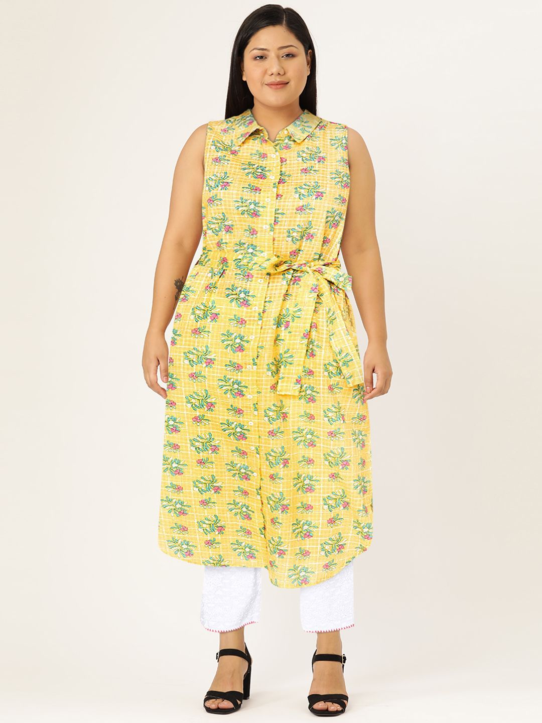 Global Desi Women Yellow & Green Printed Straight Kurta