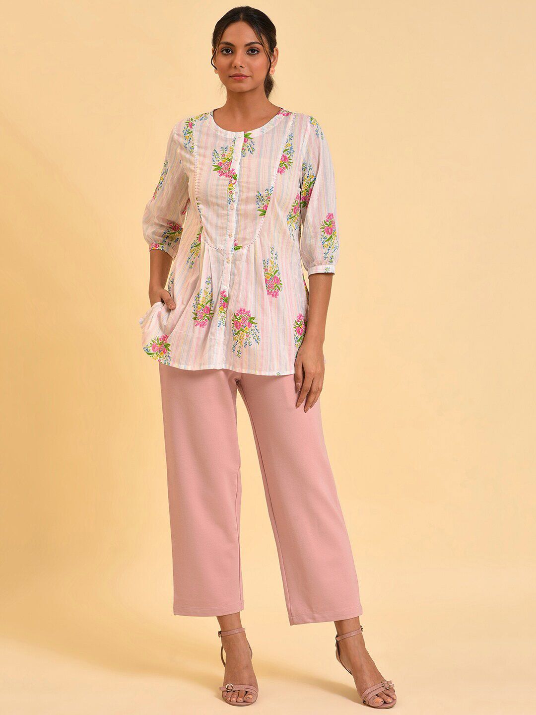 W White Floral Printed Round Neck Cotton Top