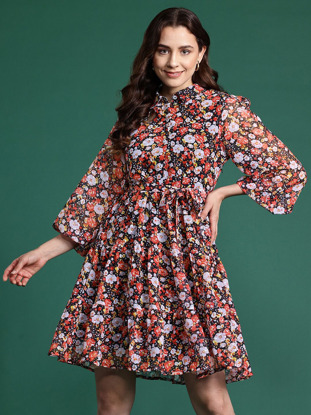 DressBerry Floral Print Puff Sleeves Shirt Dress
