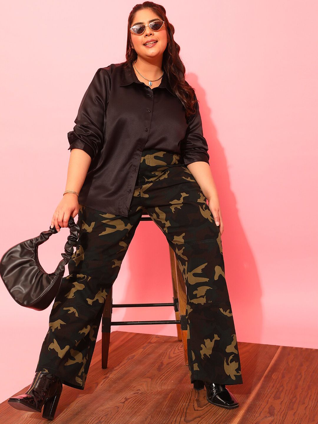 CURVY STREET Women Plus Size Olive Green Printed Relaxed Straight Leg Pure Cotton Trousers