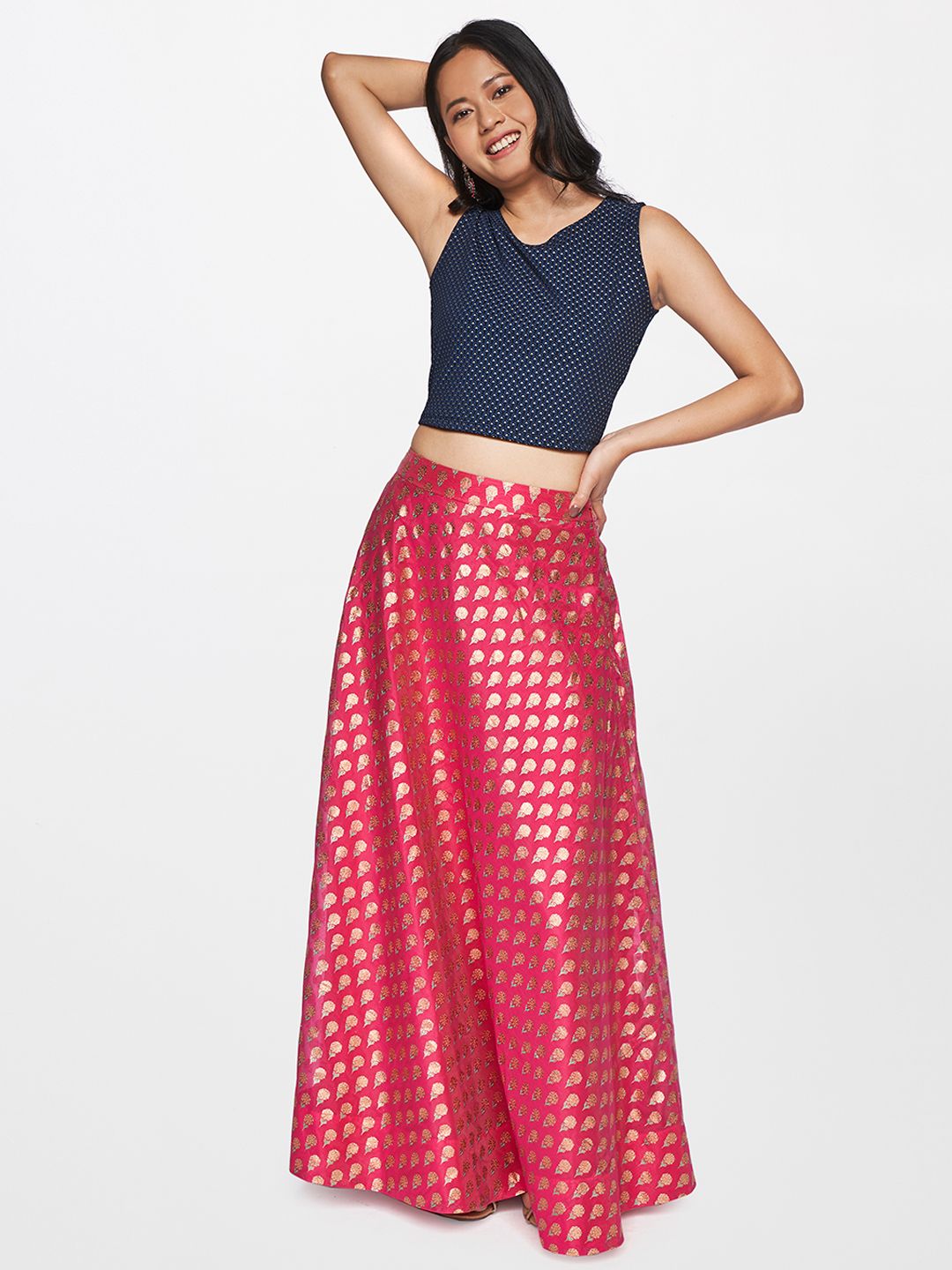 Global Desi Women Fuchsia Ethnic Motifs Woven Design Flared Maxi Skirt