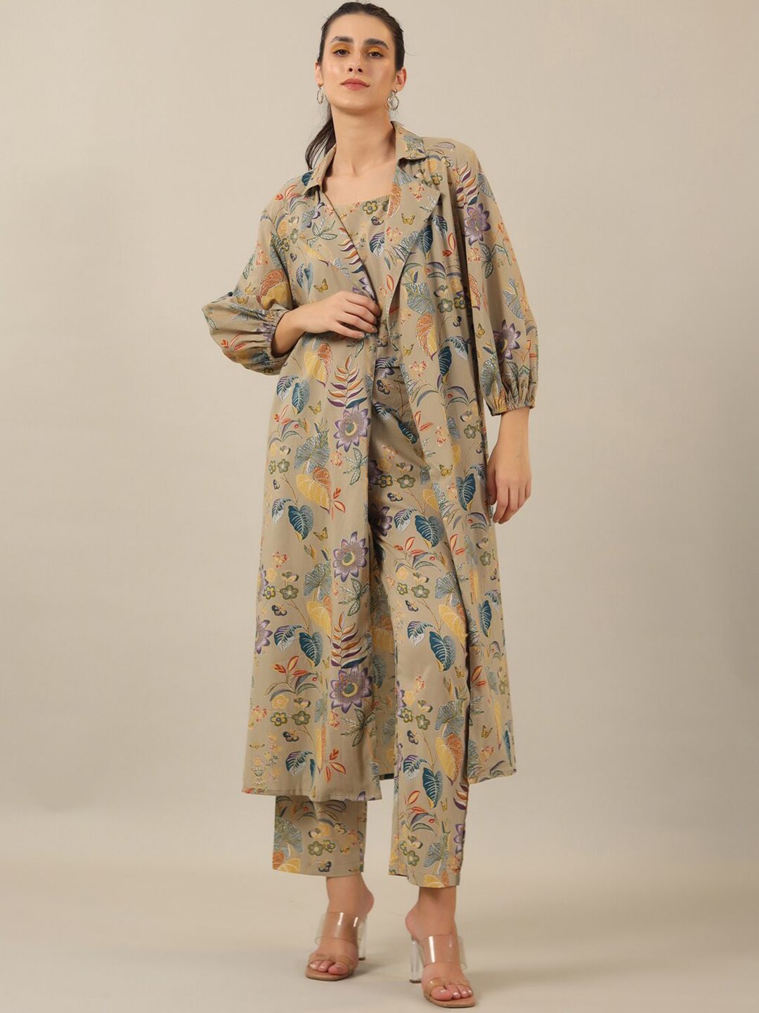 SANSKRUTIHOMES Beige Printed Pure Cotton Top With Trouser & Jacket