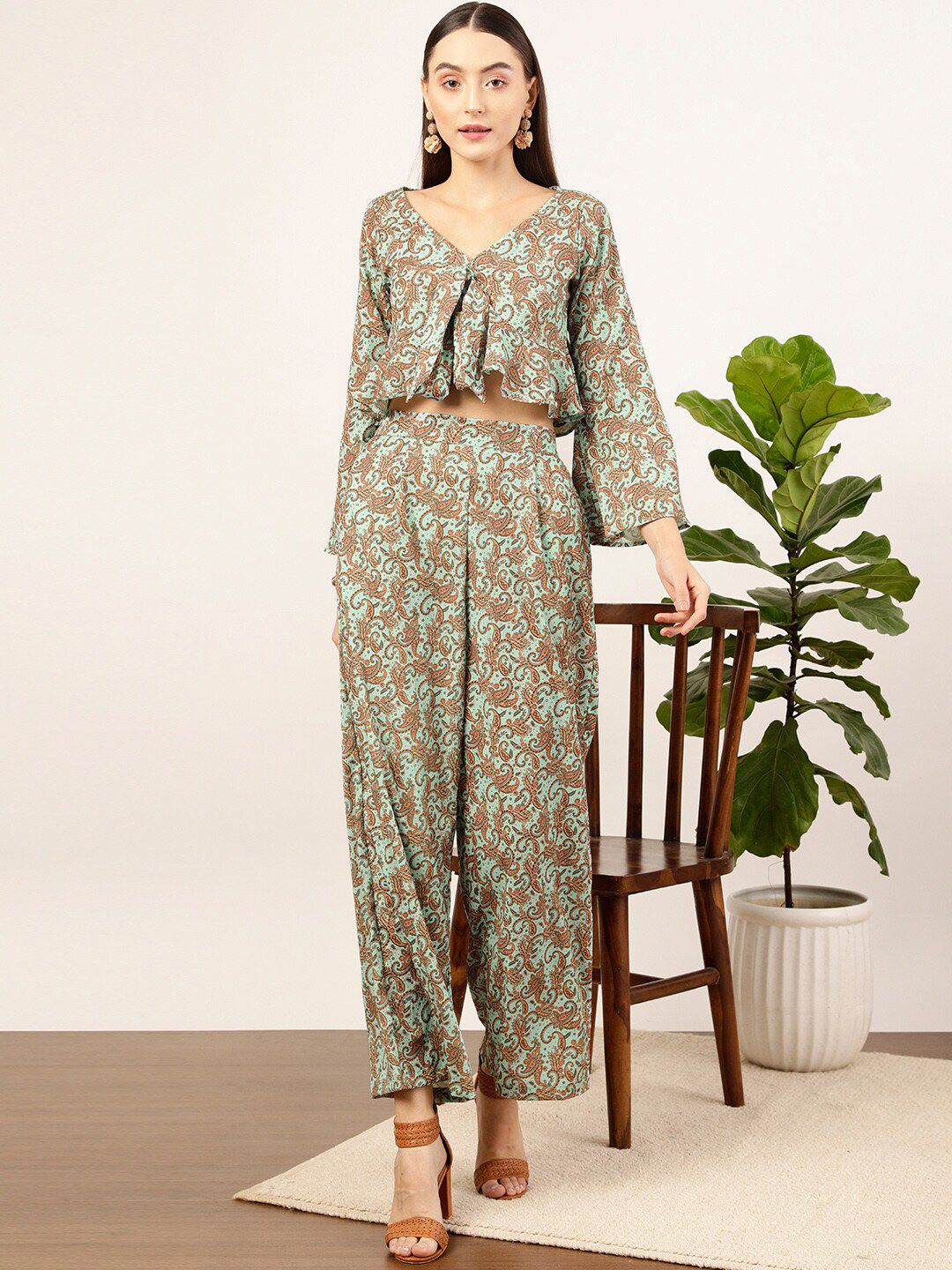 STREET 9 Green Floral Printed V-Neck Top & Palazzos
