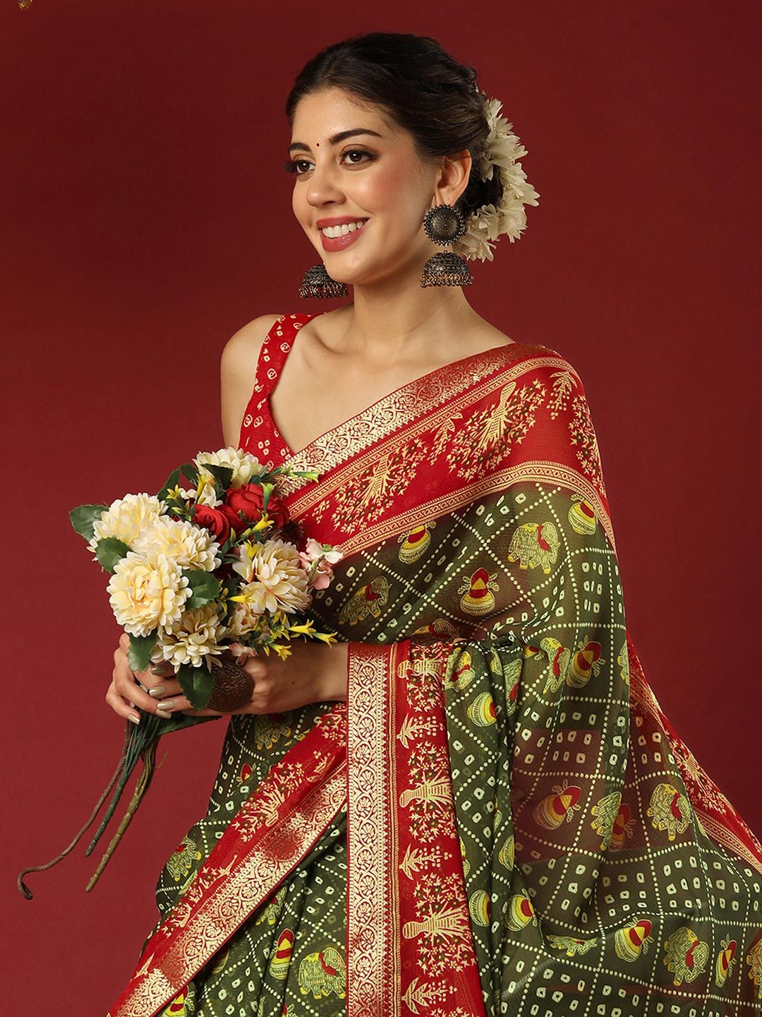 KALINI Bandhani Zari Pure Georgette Bandhani Saree