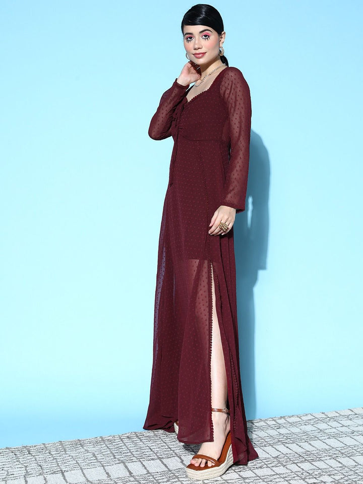 Berrylush Burgundy Swiss Dot Tied Dobby Georgette Mesh Maxi Dress