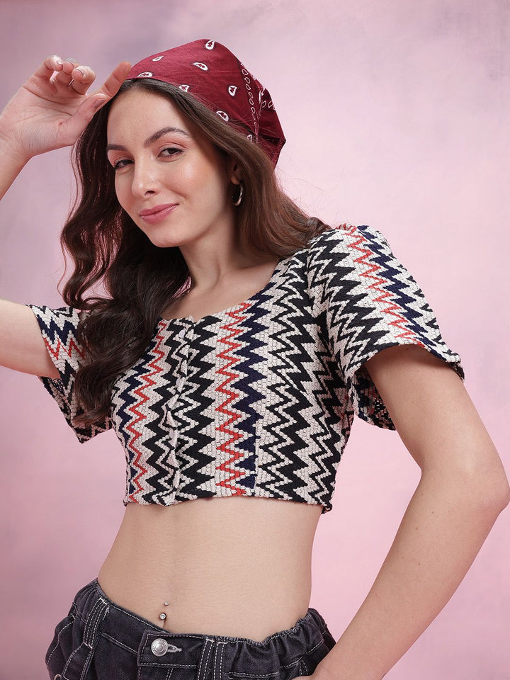 DressBerry Geometric Design Flared Sleeve Crochet Top