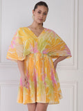 Antheaa Yellow & Pink Floral Print V-Neck Extended Sleeves Chiffon Fit & Flare Dress