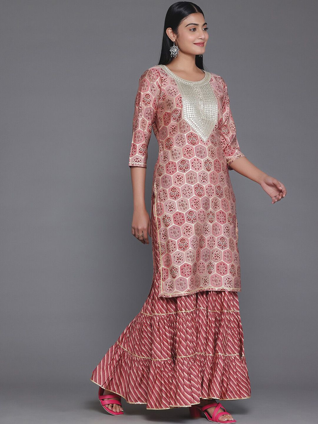 Libas Floral Yoke Design Round Neck Three-Quarter Sleeves Gotta Patti Kurta Set