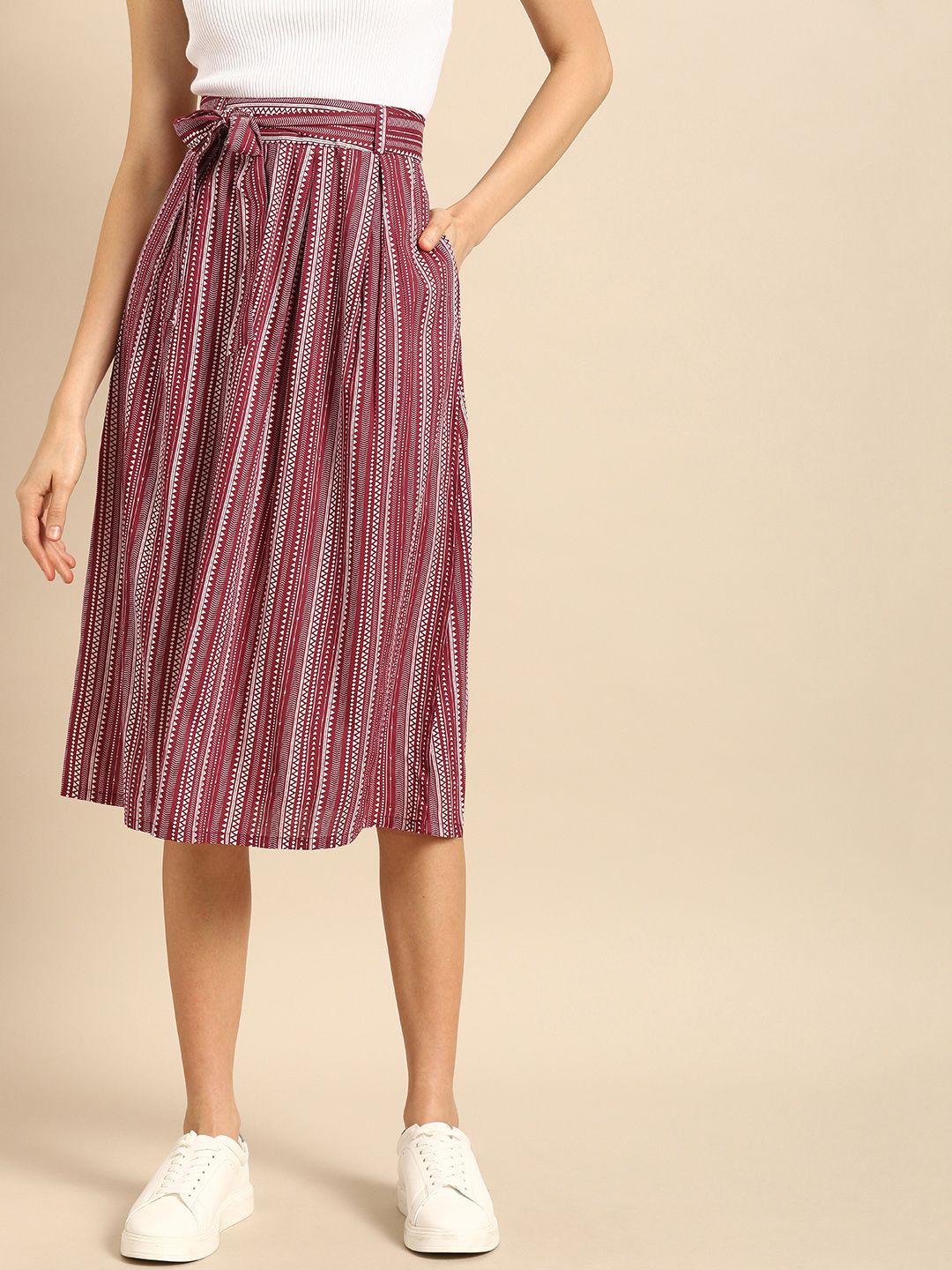 DressBerry Maroon & White Printed Flared Skirt