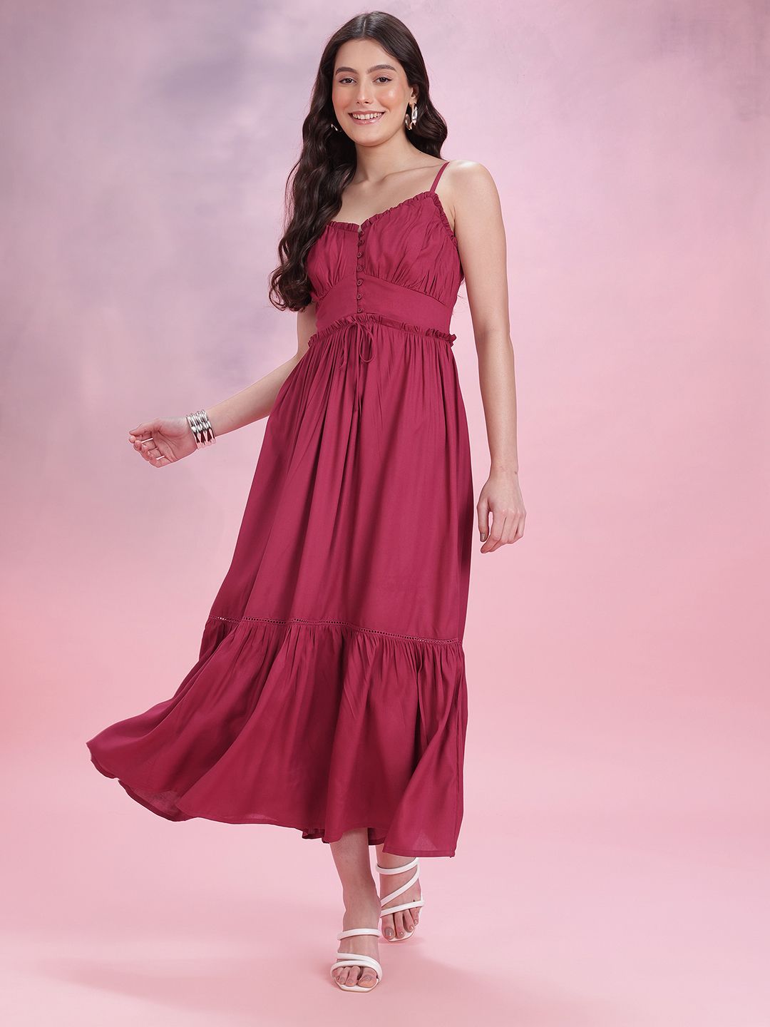 DressBerry Shoulder Straps Ruched Effect Smocked & Ruffled Detail Maxi Fit & Flare Dress