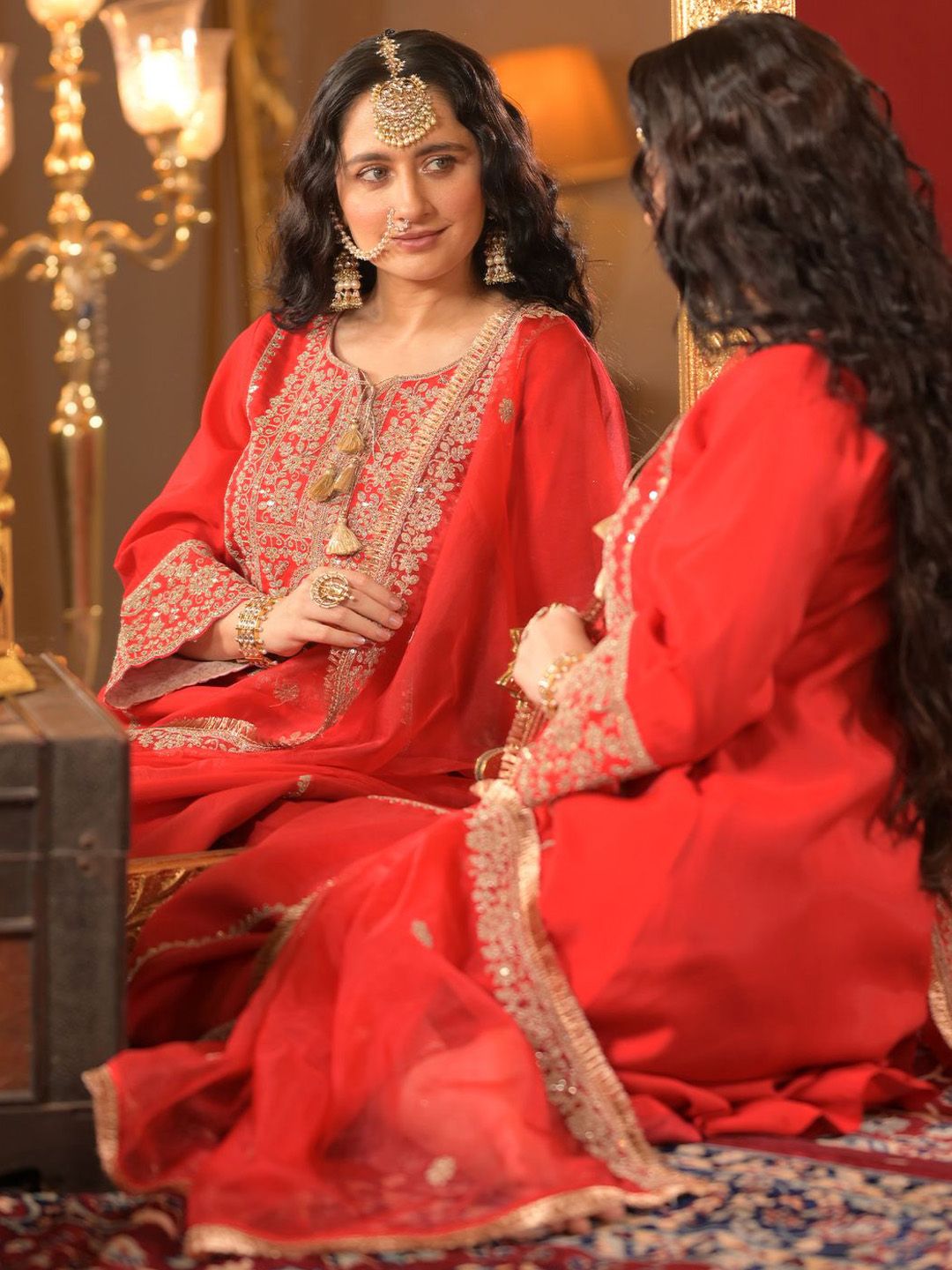 Indo Era Ethnic Motifs Embroidered Zari A-Line Kurta With Trousers & Dupatta