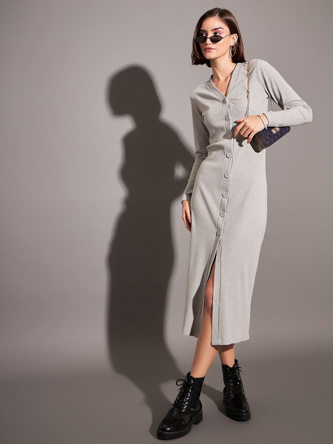 SASSAFRAS Ribbed V-Neck Sheath Midi Dress