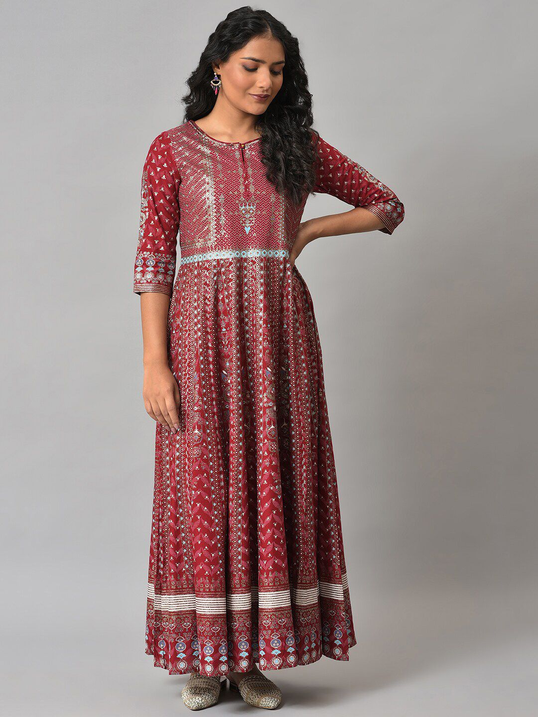 W Red Ethnic Motifs Keyhole Neck Ethnic Maxi Dress