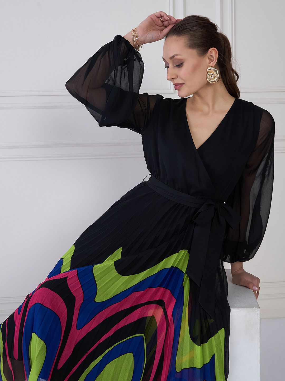 Antheaa Women Puff Sleeve Midi Wrap Dress