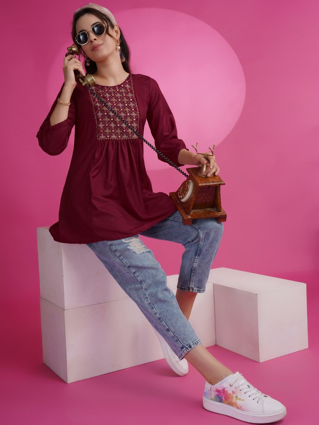 KALINI Embroidered Round Neck Mirror Work A-Line Kurti