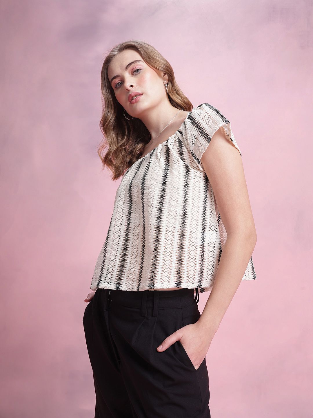 DressBerry Flutter Sleeve Crochet Boxy Top