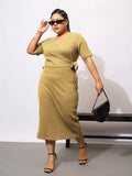SASSAFRAS Curve Plus Size V-Neck Tie-Ups Detail Wrap Midi Dress