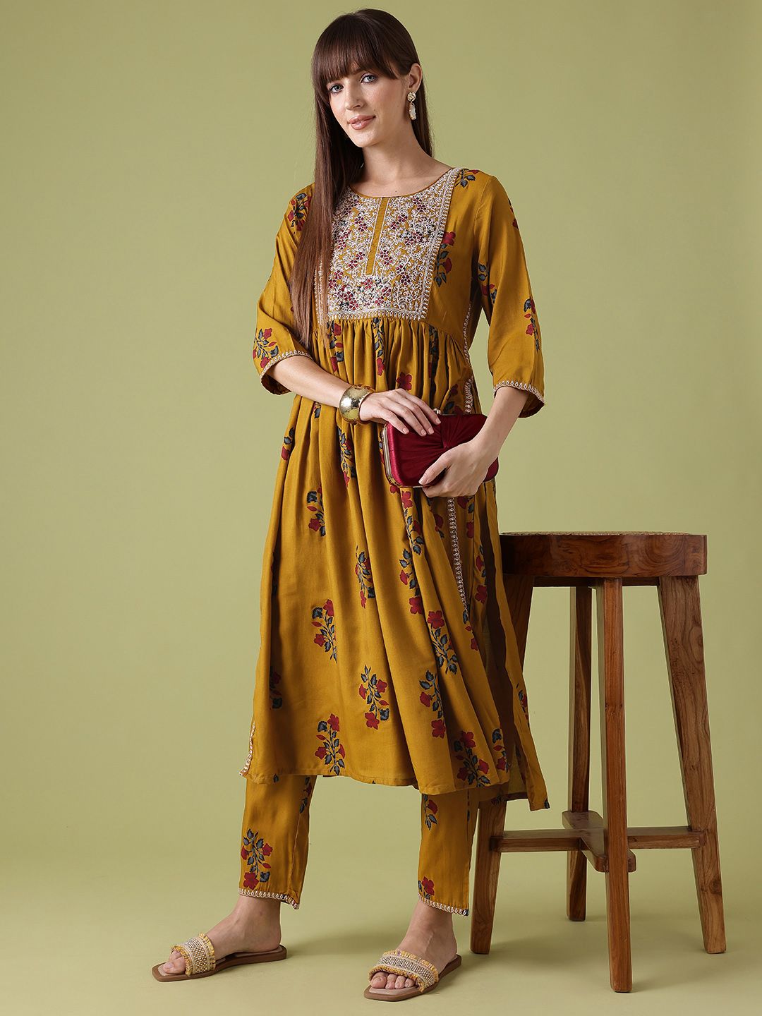 Anouk Floral Print Pleated Thread-Work Kurta with Trousers