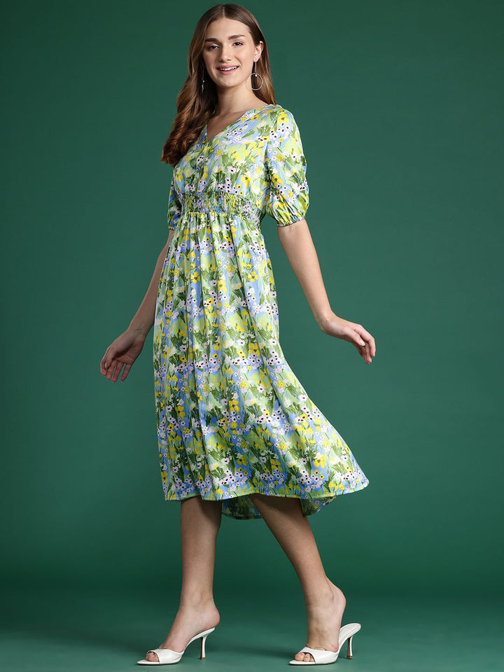 DressBerry Floral Print Puff Sleeve A-Line Midi Dress