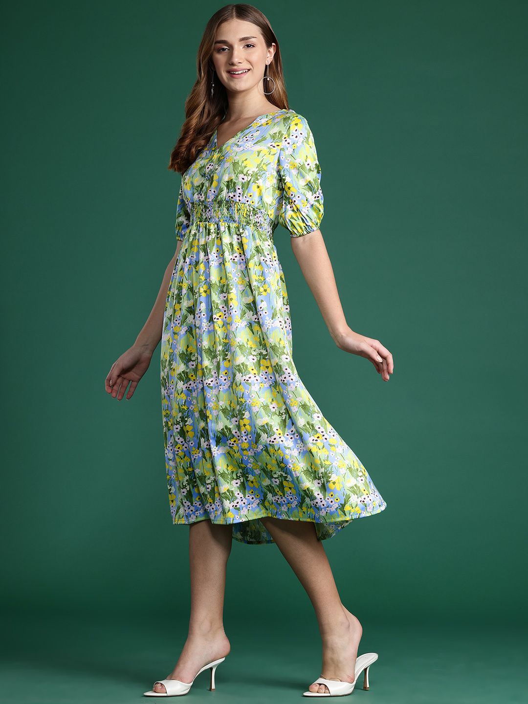 DressBerry Floral Print Puff Sleeve A-Line Midi Dress