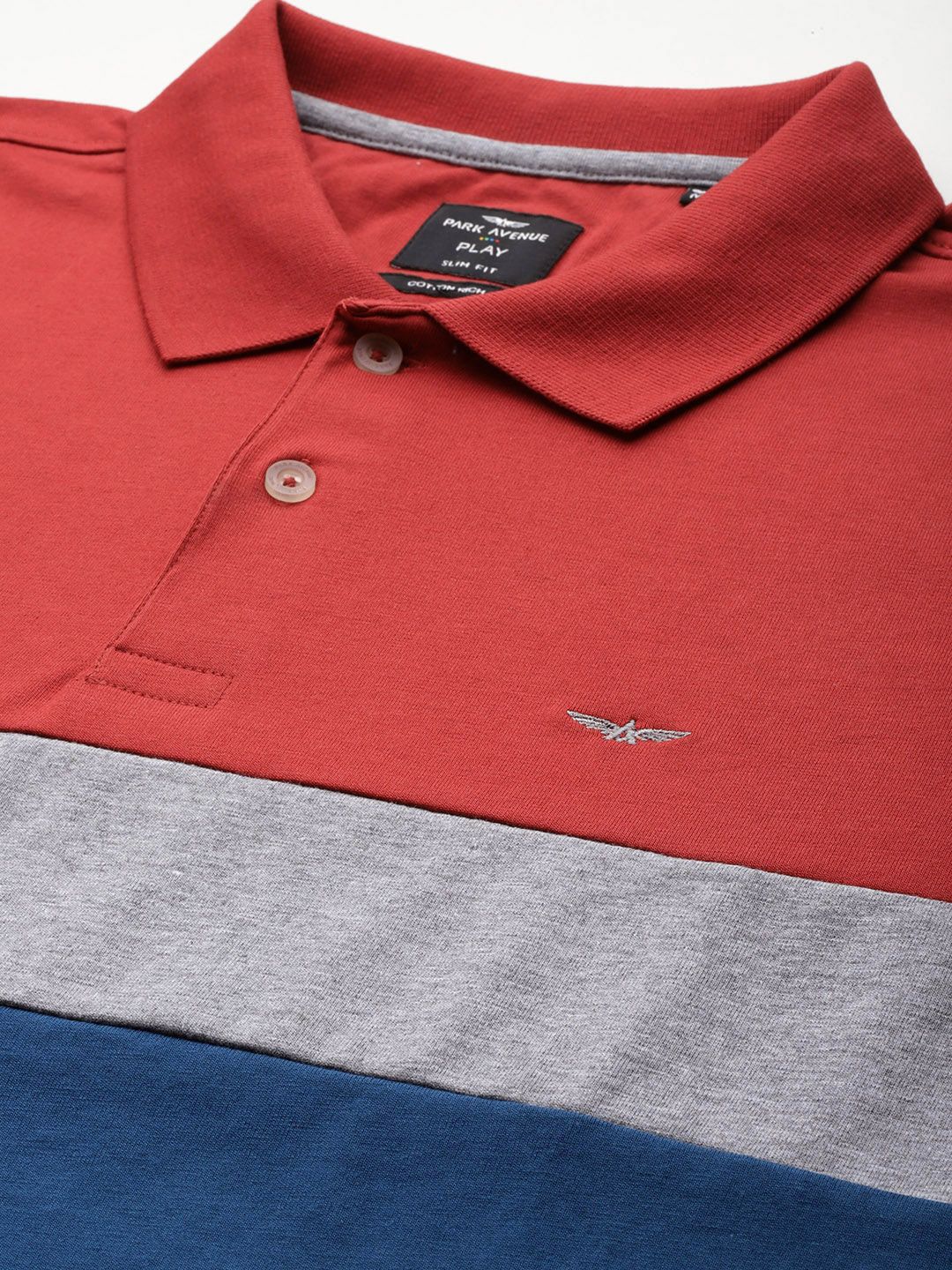 Park Avenue Men Red & Blue Colourblocked Polo Collar Slim Fit T-shirt