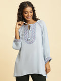 W Blue & Pink Tie-Up Neck Raglan Sleeves Embroidered Top